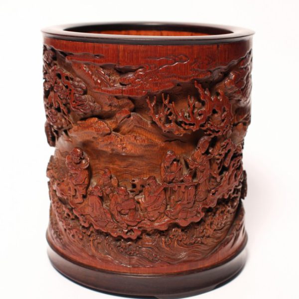 A rare large carved bamboo 'Eight Immortals' brush pot, attributed to Gu Jue