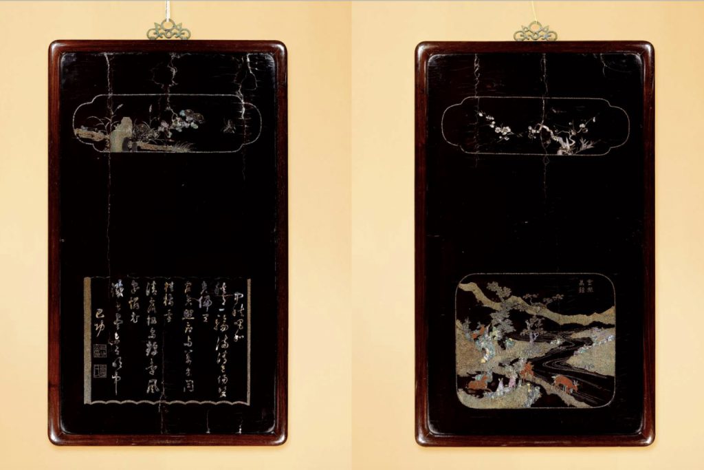 A SET OF FOUR MOTHER-OF-PEARL INLAID PANELS (2)