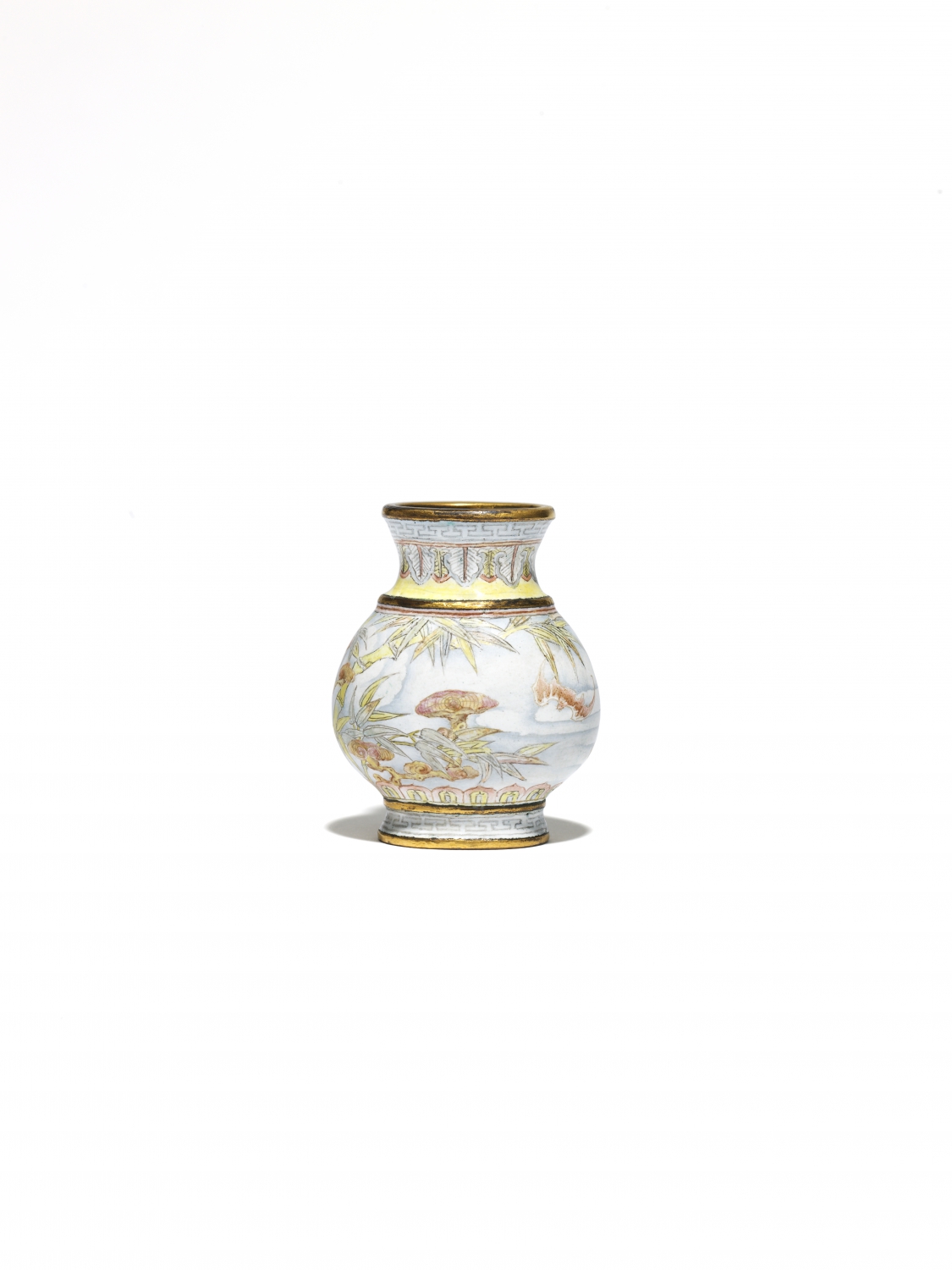 A rare miniature Beijing enamel gilt-copper ‘Hu’ vase in 'falangcai' enamels (Qianlong mark and period)