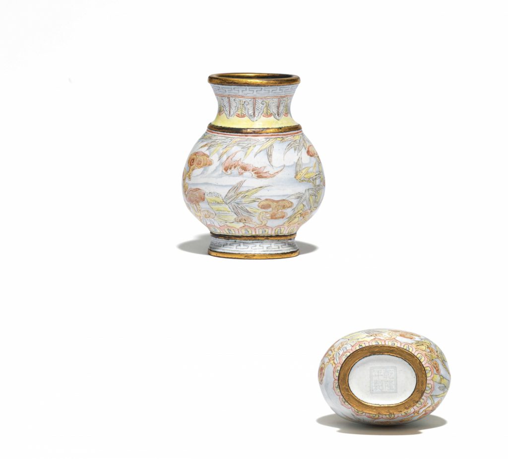 A rare miniature Beijing enamel gilt-copper ‘Hu’ vase in 'falangcai' enamels (Qianlong mark and period)