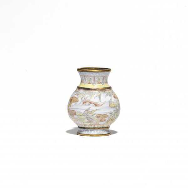 A rare miniature Beijing enamel gilt-copper ‘Hu’ vase decorated in 'falangcai' enamels (Qianlong mark and period)