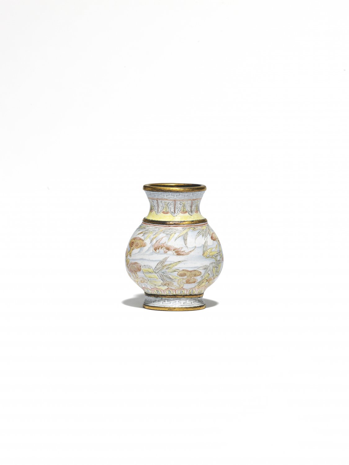 A rare miniature Beijing enamel gilt-copper ‘Hu’ vase decorated in 'falangcai' enamels (Qianlong mark and period)