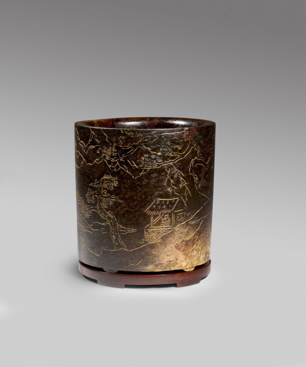 An important incised and gilt burnt jade brush pot