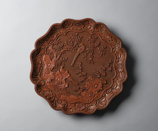An extremely rare and important octagonal lacquer 'bird' plate with 'Zhang Cheng' maker's mark (Yuan dynasty, 14th century)